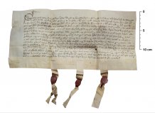 Fotografie des Pergaments aus Schafsfell. Zu sehen ist das aufgeklappte Dokument, handschriftlich beschrieben und mit drei Siegeln am Ende des Textes versehen.