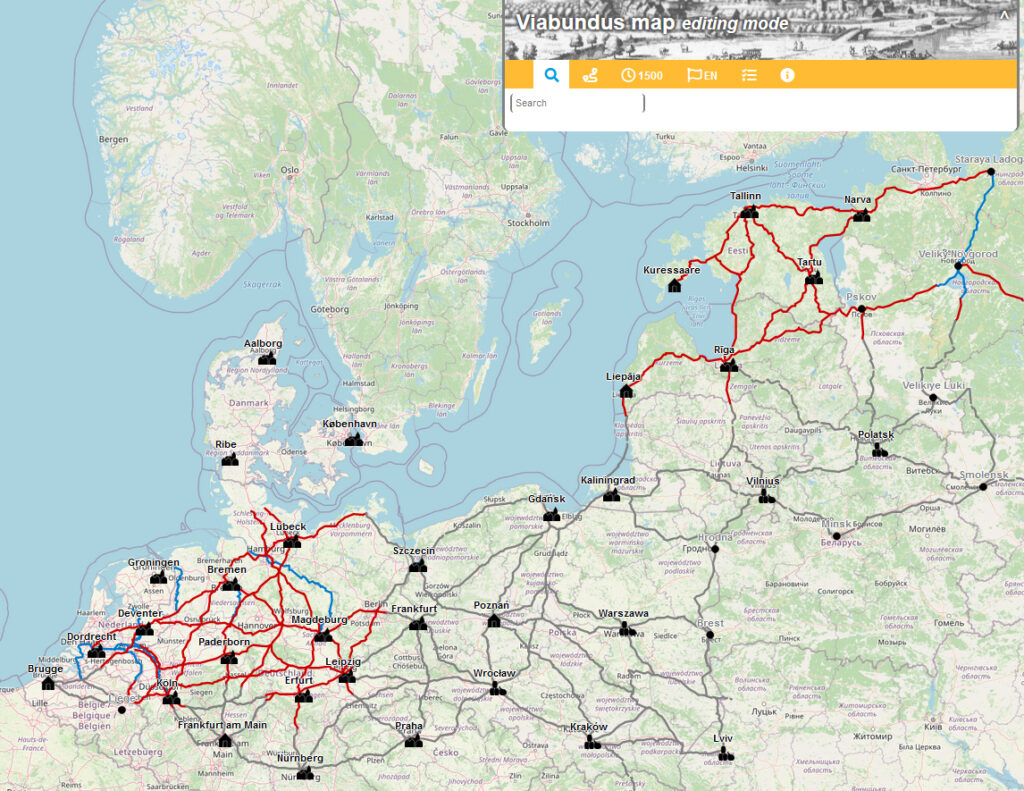 Die digitale Karte der Fernstraßen zur Hansezeit. 