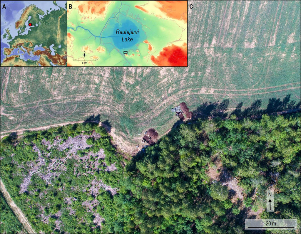 a) Lageplan; b) Untersuchungsgebiet in Järvensuo; c) Luftbild des Standorts (Höhendaten: National Land Survey of Finland; Foto: V. Laulumaa; Abbildung: S. Koivisto).