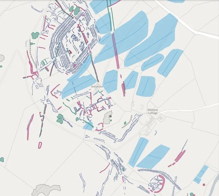 Das Bild zeigt die Kartierung um das Gebiet des römischen Kastells Whitley Castle. Dieses kann ebenfalls über die Luftbildkarte angesehen werden.