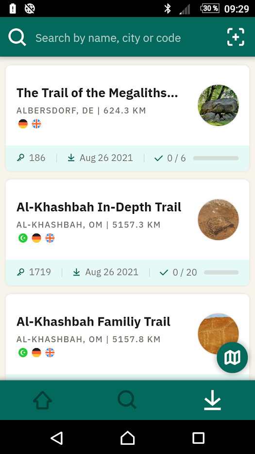 Screenshot der ArchaeoTrail-App, die es ermöglicht, Trails für archäologische Fundorte zu erstellen.