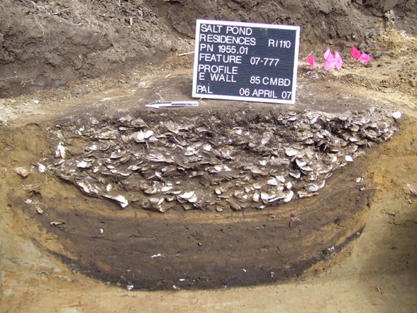 Anhäufung von Austern, anderen Schalentieren, Tierknochen und Artefakten