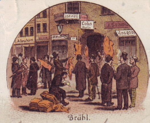 Gruss von der Leipziger Messe. Die Petersstrasse während der Messe. Brühl", Ausschnitt aus Postkarte, Leipzig 1909.