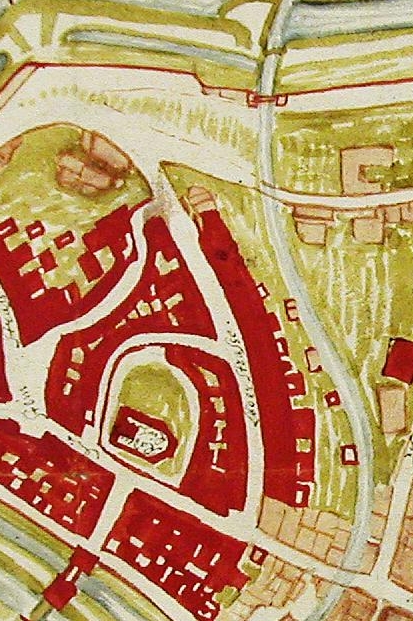Ausschnitt aus dem sog. Brandplan der Stadt Herford aus dem Jahr 1638. In der Mitte oberhalb der Jakobikirche der jetzt an der Kirchgasse zu untersuchende Bereich zwischen Löhrstraße (rechts) und Janup (links). Die rot eingefärbten Flächen wurden beim verheerenden Stadtbrand 1638 zerstört. Erkennbar ist die dichte Bebauung vor 1638.