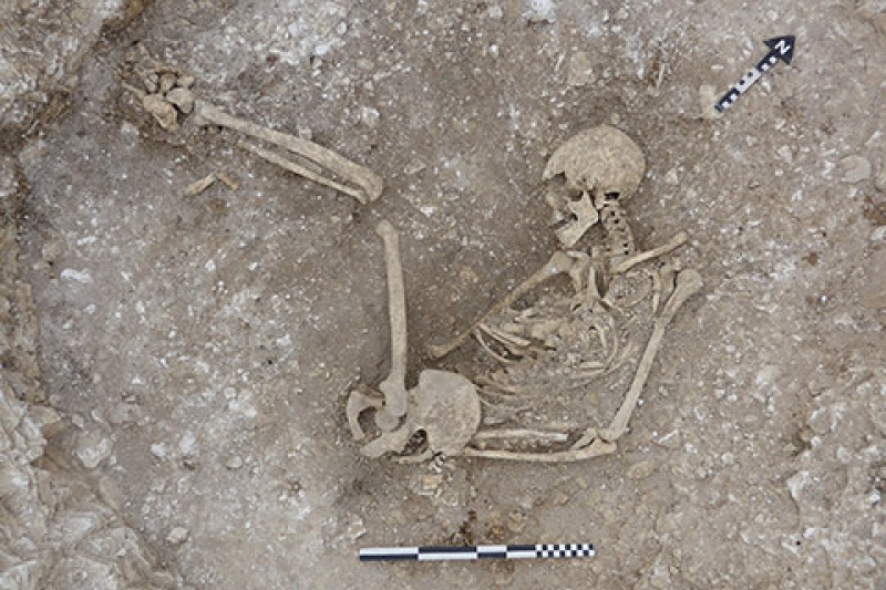 Ein menschliches Skelett in einer ovalen Grube. Die Gliedmaßen der Toten wurden sorgfältig platziert.